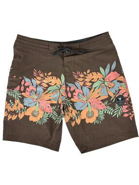 Vissla Mens Board Shorts Size 32X9 Brown Floral Tropical Hawaiian Print Trunks